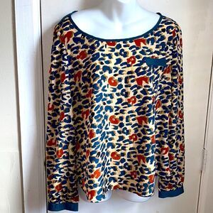 EDGE Turquoise, Cream and Orange Leopard Print Blouse-L